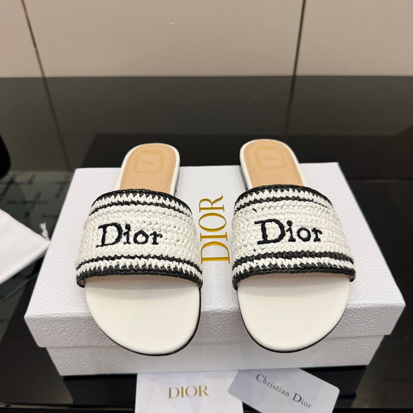 CD Dioriviera Woven Slides White Fabric Goatskin 828267