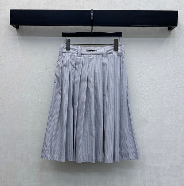 Miu Miu Pleated Striped Midi Skirt Grey Cotton 341903