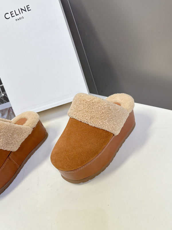 CL 26s Wedge Mules In Orange Brown Suede And Beige Wool
