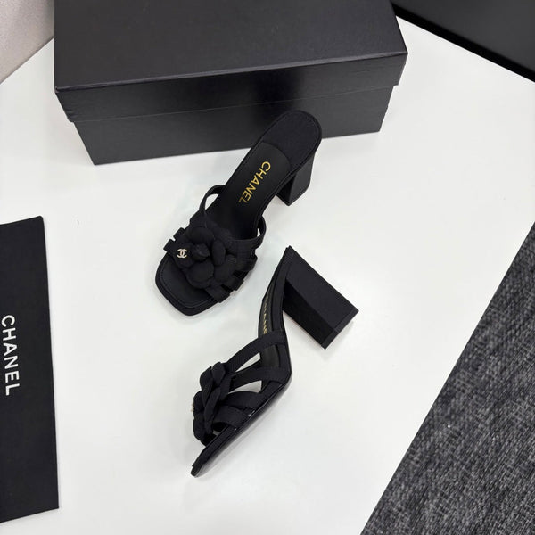 CC 25 Camellia Open Heel Mule Sandals 90mm Black Sheepskin And Fabric 368841