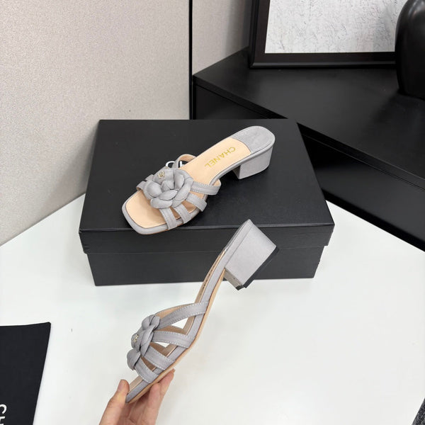 CC 25 Camellia Open Heel Mule Sandals 50mm Grey Beige Sheepskin And Fabric 368854