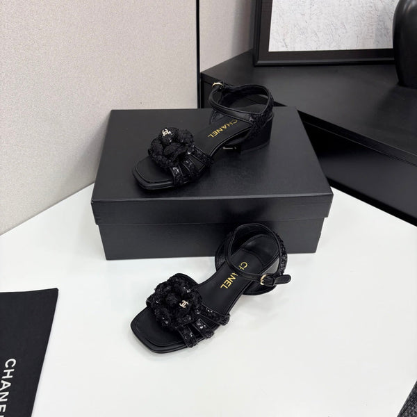 CC 25 Camellia Open Heel Sandals 50mm Black Coarse Glitter Fabric And Sheepskin 368815