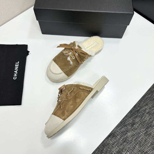 CC 26s Mules Flat Brown Suede Leather Fur 109159