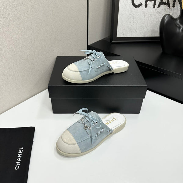 CC 26s Mules Flat Light Blue Suede Leather 109166