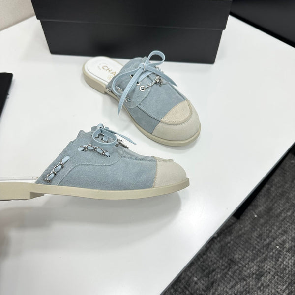 CC 26s Mules Flat Light Blue Suede Leather 109166