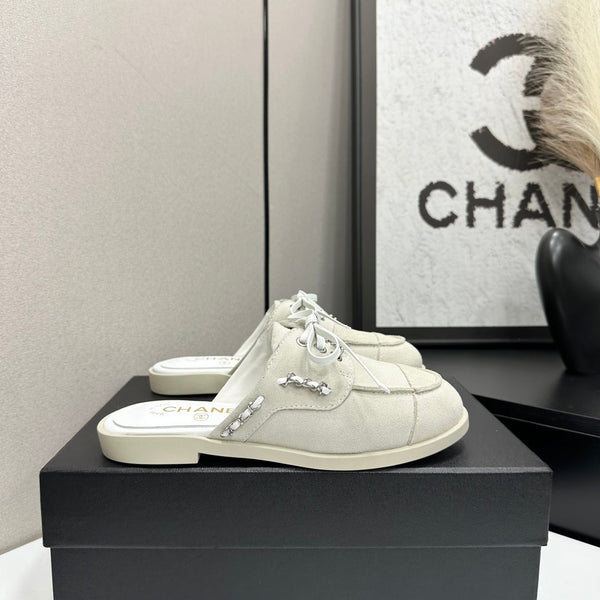 CC 26s Mules Flat Light Gray Suede Leather 109167