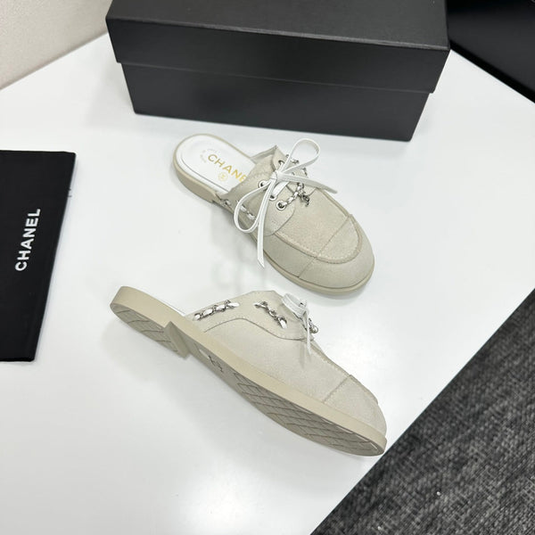 CC 26s Mules Flat Light Gray Suede Leather 109167