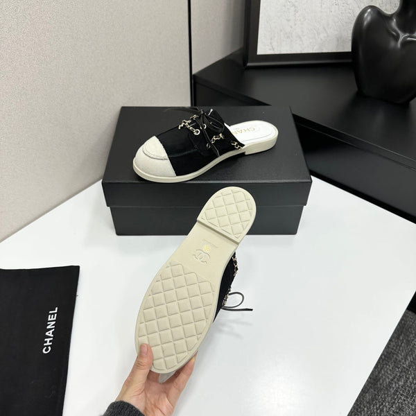 CC 26s Mules Flat Black White Suede Leather 109168