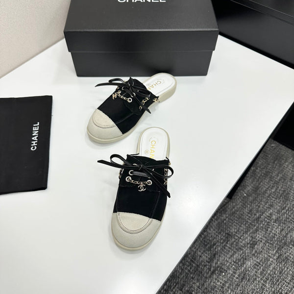 CC 26s Mules Flat Black White Suede Leather 109168