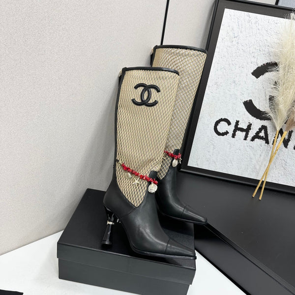 CC 26s Knee-High Boots Seashell Charms Black Beige Mesh Leather 944678