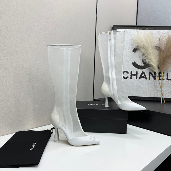 CC 26s Mesh Knee High Boots White Leather 109222