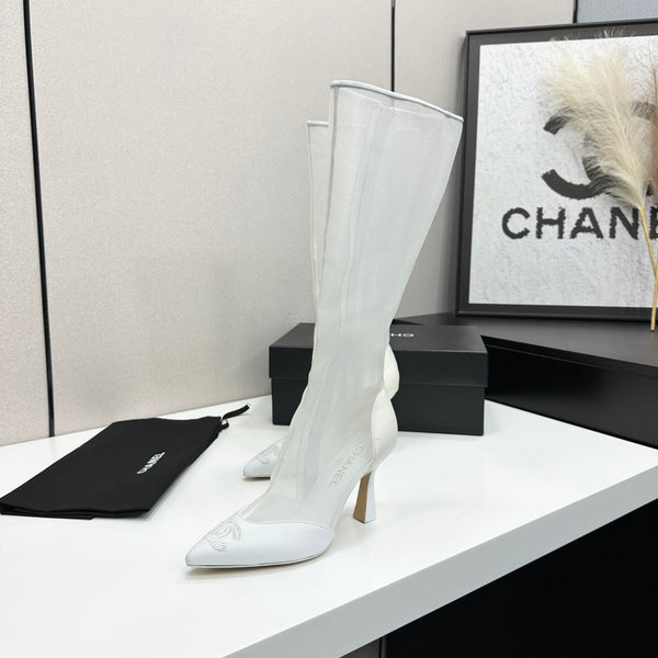 CC 26s Mesh Knee High Boots White Leather 109222
