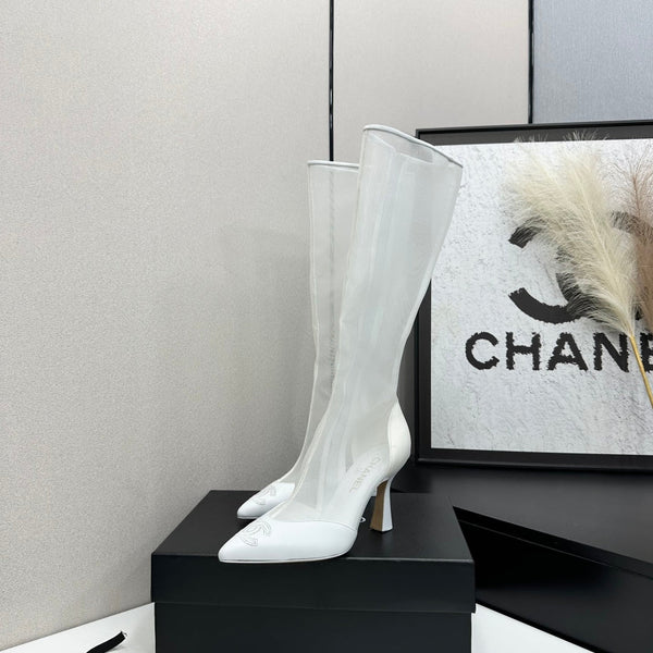 CC 26s Mesh Knee High Boots White Leather 109222