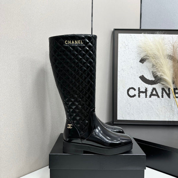 CC 26s Quilted Knee High Boots Black Patent Leather 109243