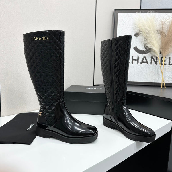 CC 26s Quilted Knee High Boots Black Patent Leather 109243