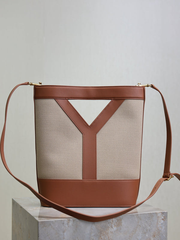 Prada Y Small Bucket 23cm Caramel Beige Canvas Leather