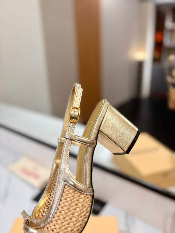 VLTN 26s Valet Du Roi Slingback 6cm Gold Raffia Leather 985449