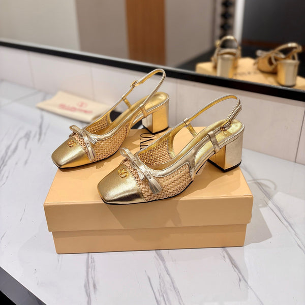 VLTN 26s Valet Du Roi Slingback 6cm Gold Raffia Leather 985449
