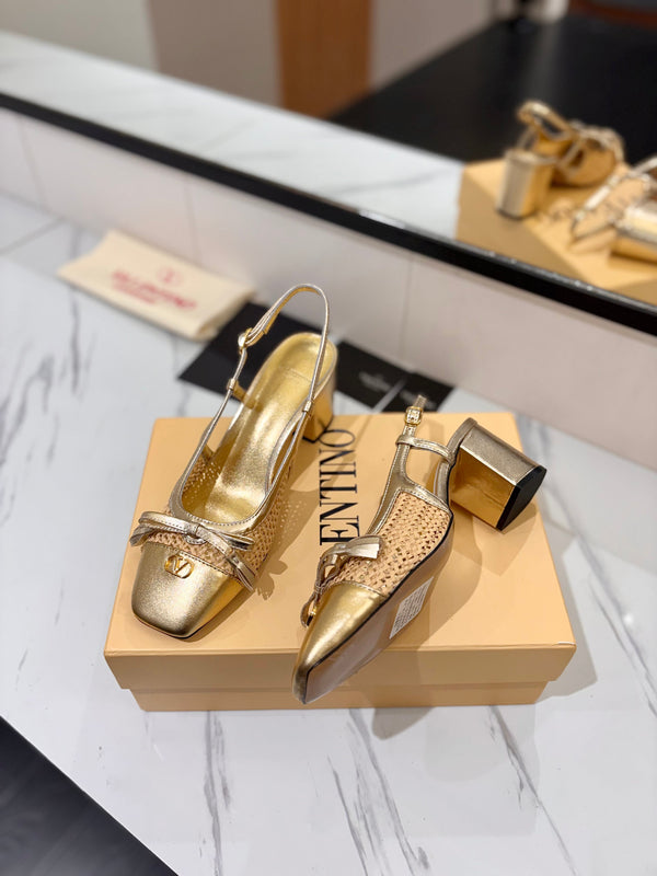 VLTN 26s Valet Du Roi Slingback 6cm Gold Raffia Leather 985449
