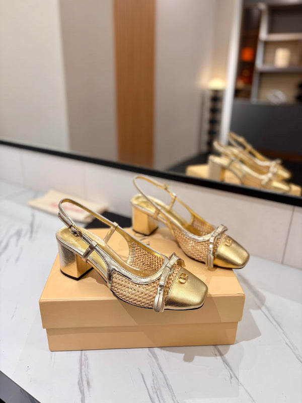 VLTN 26s Valet Du Roi Slingback 6cm Gold Raffia Leather 985449