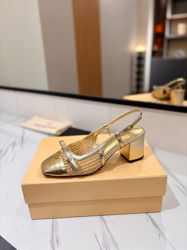 VLTN 26s Valet Du Roi Slingback 6cm Gold Raffia Leather 985449