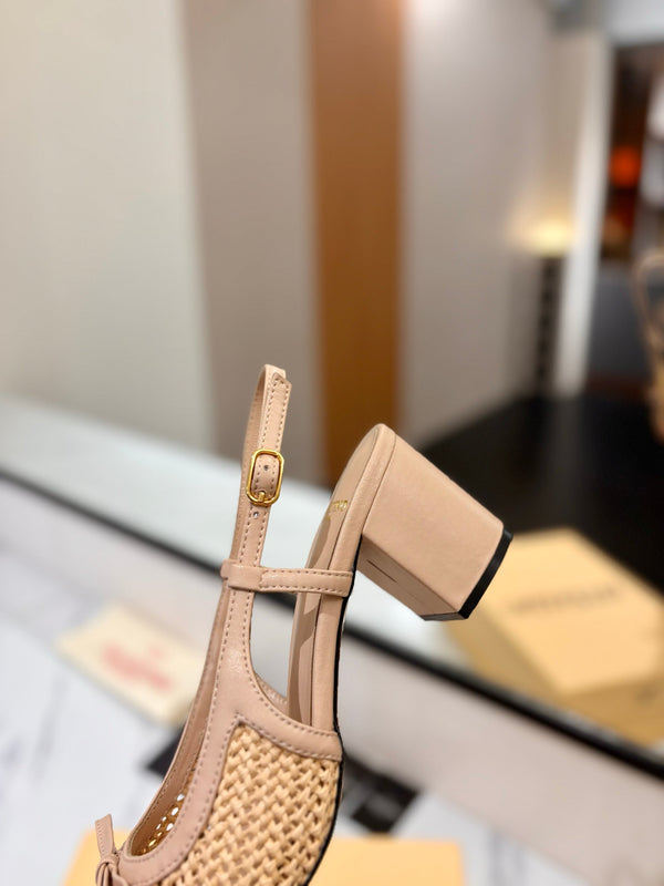 VLTN 26s Valet Du Roi Slingback 6cm Beige Burgundy Raffia Leather 985450