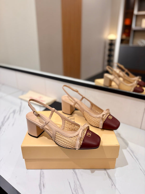 VLTN 26s Valet Du Roi Slingback 6cm Beige Burgundy Raffia Leather 985450