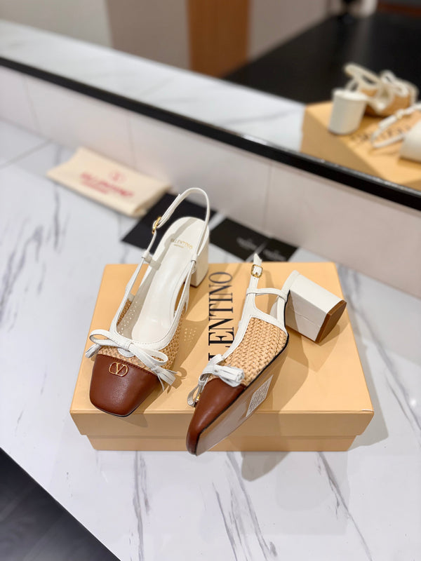 VLTN 26s Valet Du Roi Slingback 6cm White Brown Raffia Leather 985451