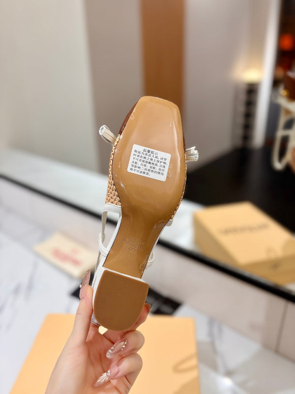 VLTN 26s Valet Du Roi Slingback 6cm White Brown Raffia Leather 985451