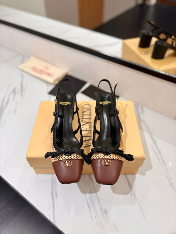 VLTN 26s Valet Du Roi Slingback 6cm Black Brown Raffia Leather 985452