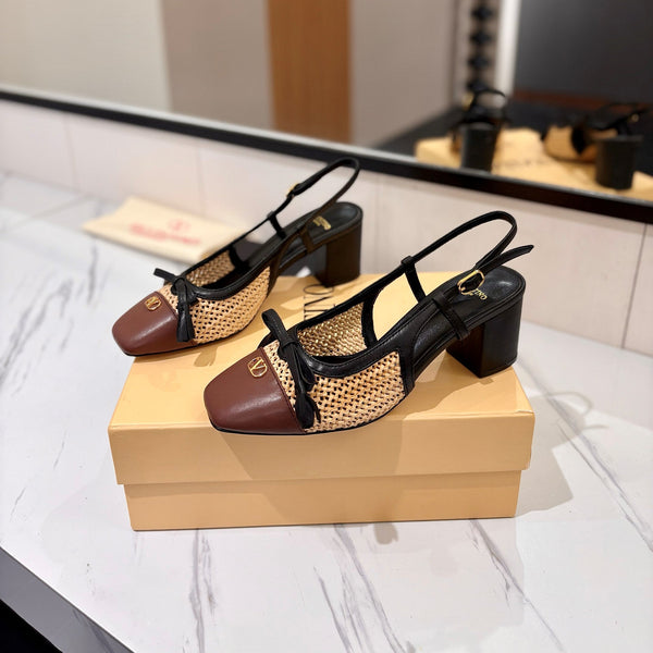 VLTN 26s Valet Du Roi Slingback 6cm Black Brown Raffia Leather 985452