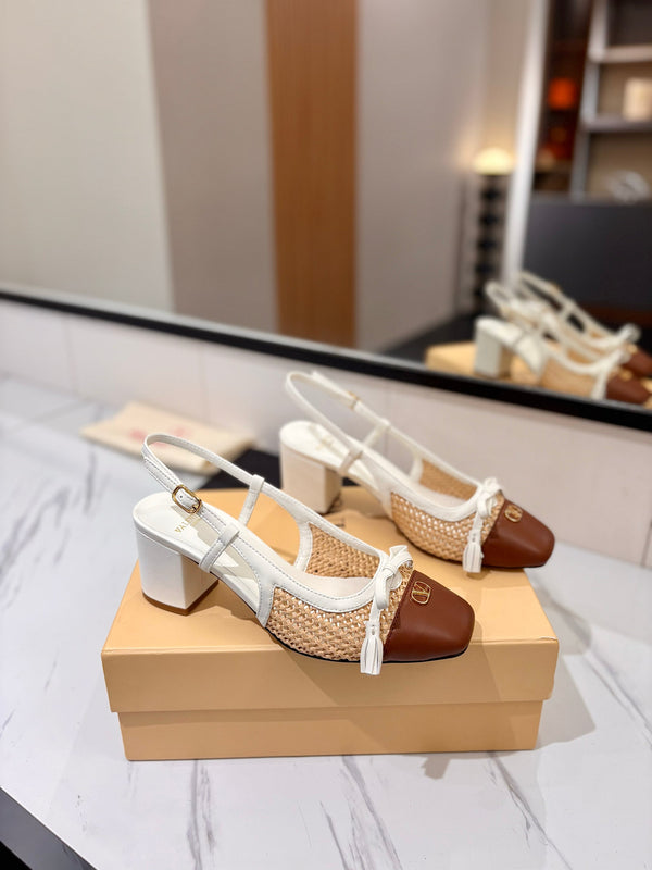 VLTN 26s Valet Du Roi Slingback 6cm White Brown Raffia Leather 985451