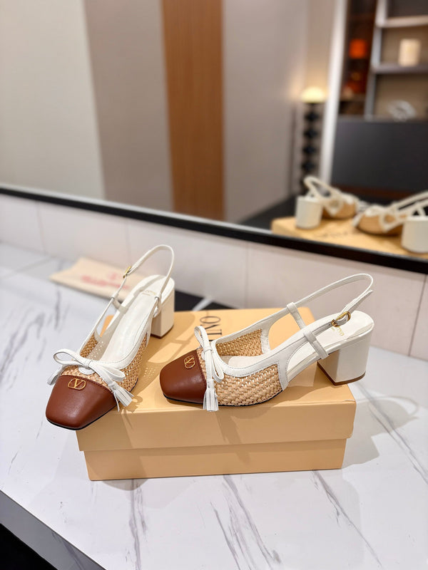 VLTN 26s Valet Du Roi Slingback 6cm White Brown Raffia Leather 985451