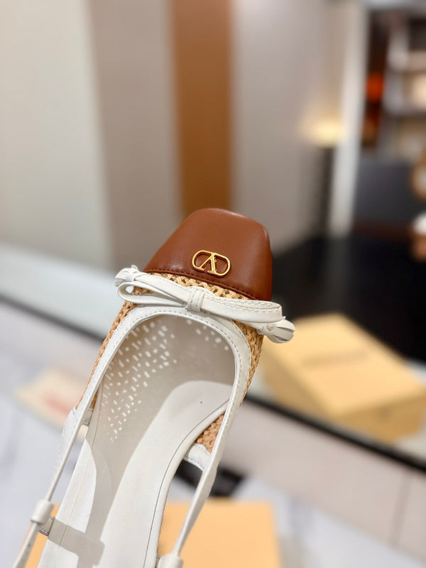 VLTN 26s Valet Du Roi Slingback 6cm White Brown Raffia Leather 985451