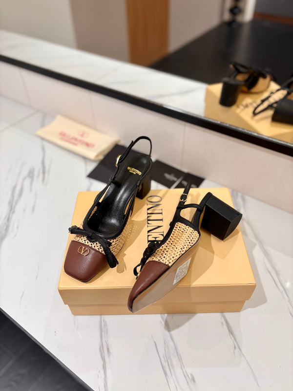 VLTN 26s Valet Du Roi Slingback 6cm Black Brown Raffia Leather 985452