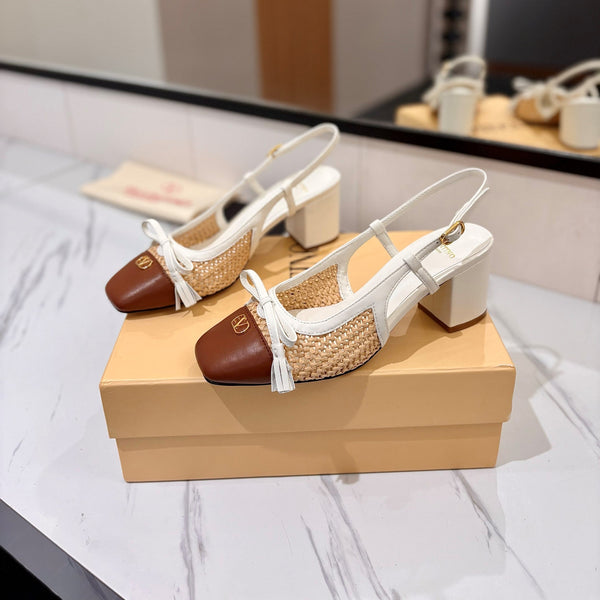 VLTN 26s Valet Du Roi Slingback 6cm White Brown Raffia Leather 985451