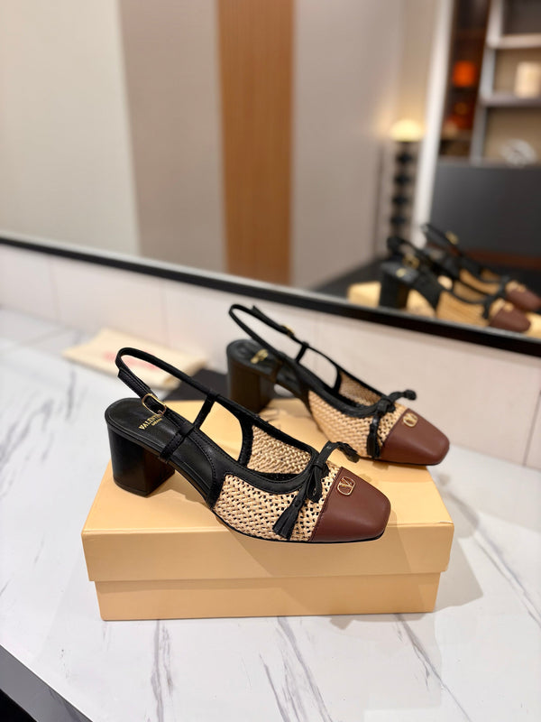 VLTN 26s Valet Du Roi Slingback 6cm Black Brown Raffia Leather 985452