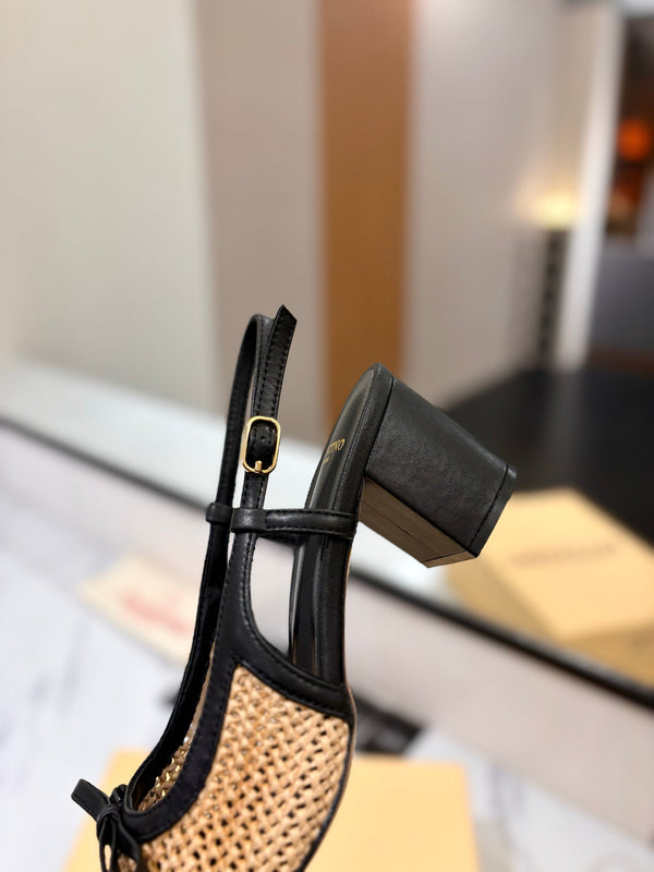 VLTN 26s Valet Du Roi Slingback 6cm Black Brown Raffia Leather 985452