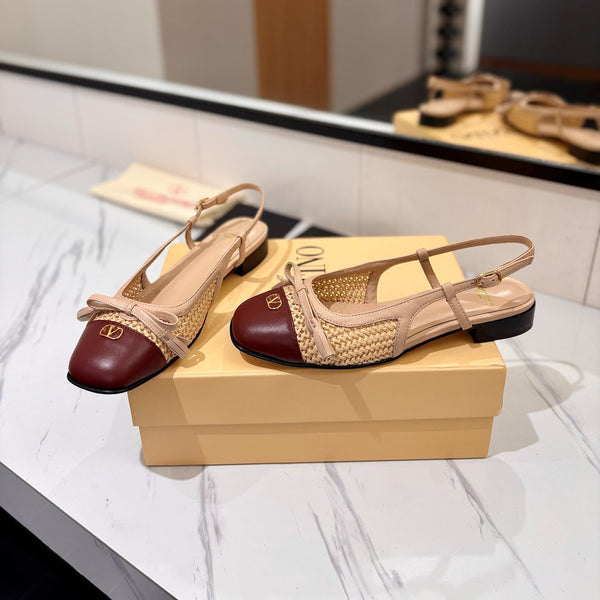 VLTN 26s Valet Du Roi Slingback Flats Beige Burgundy Raffia Leather 985453