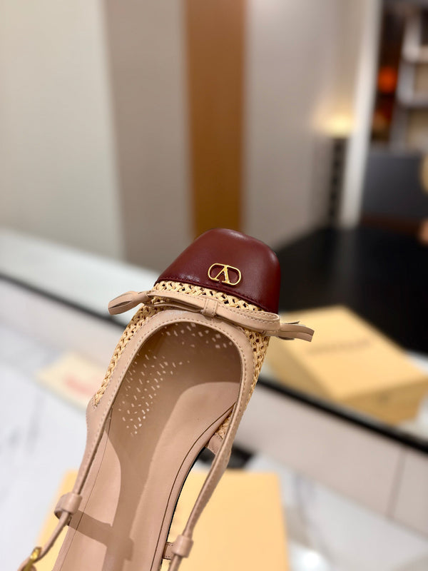VLTN 26s Valet Du Roi Slingback Flats Beige Burgundy Raffia Leather 985453
