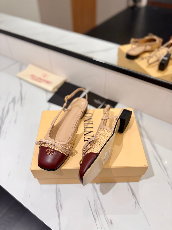 VLTN 26s Valet Du Roi Slingback Flats Beige Burgundy Raffia Leather 985453