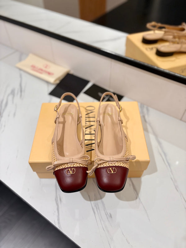 VLTN 26s Valet Du Roi Slingback Flats Beige Burgundy Raffia Leather 985453