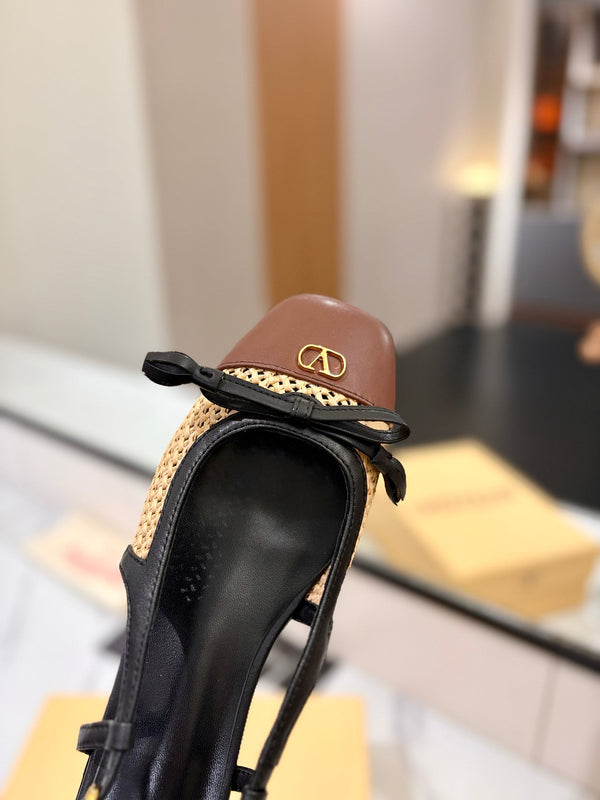VLTN 26s Valet Du Roi Slingback Flats Black Brown Raffia Leather 985454