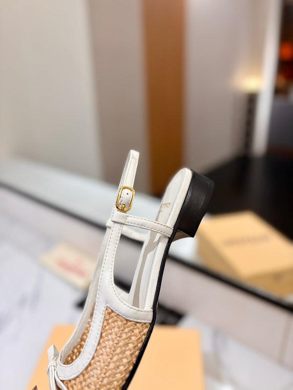 VLTN 26s Valet Du Roi Slingback Flats White Brown Raffia Leather 985455
