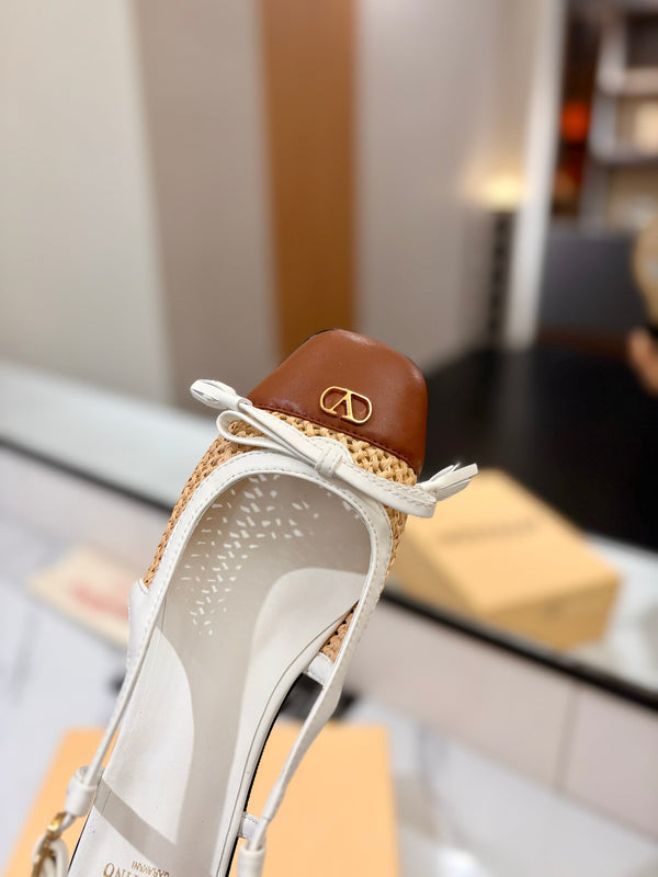 VLTN 26s Valet Du Roi Slingback Flats White Brown Raffia Leather 985455