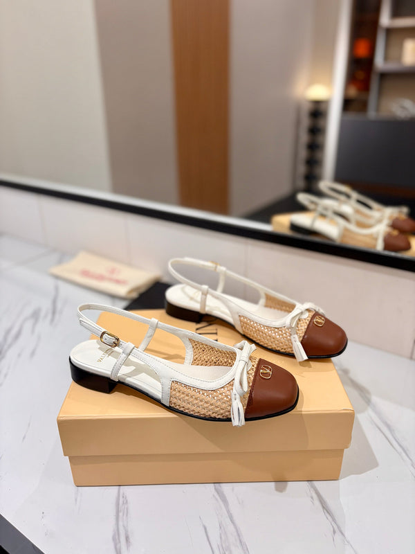 VLTN 26s Valet Du Roi Slingback Flats White Brown Raffia Leather 985455