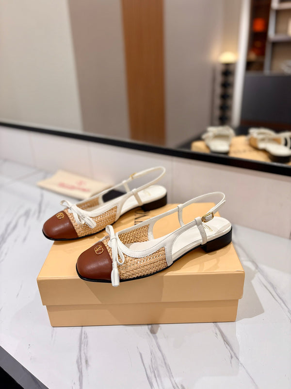 VLTN 26s Valet Du Roi Slingback Flats White Brown Raffia Leather 985455