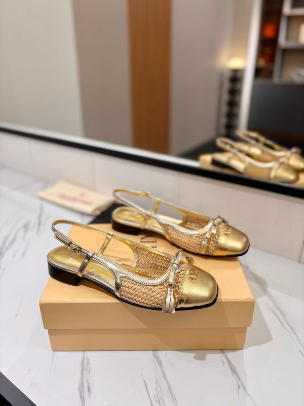 VLTN 26s Valet Du Roi Slingback Flats Gold Raffia Leather 985456