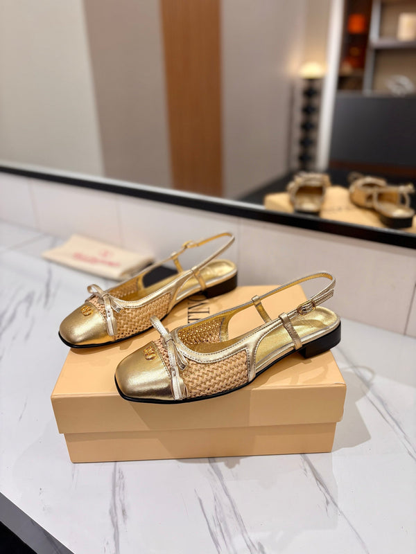VLTN 26s Valet Du Roi Slingback Flats Gold Raffia Leather 985456