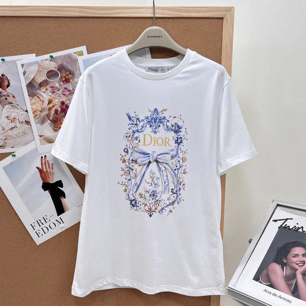 CD 2026 Blue and White Porcelain Bow Print Short-Sleeve T-Shirt 458635